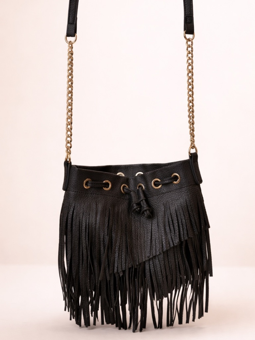 Black Fringe Festival Crossbody Bag with Gold Chain - Black Bucket Purse
